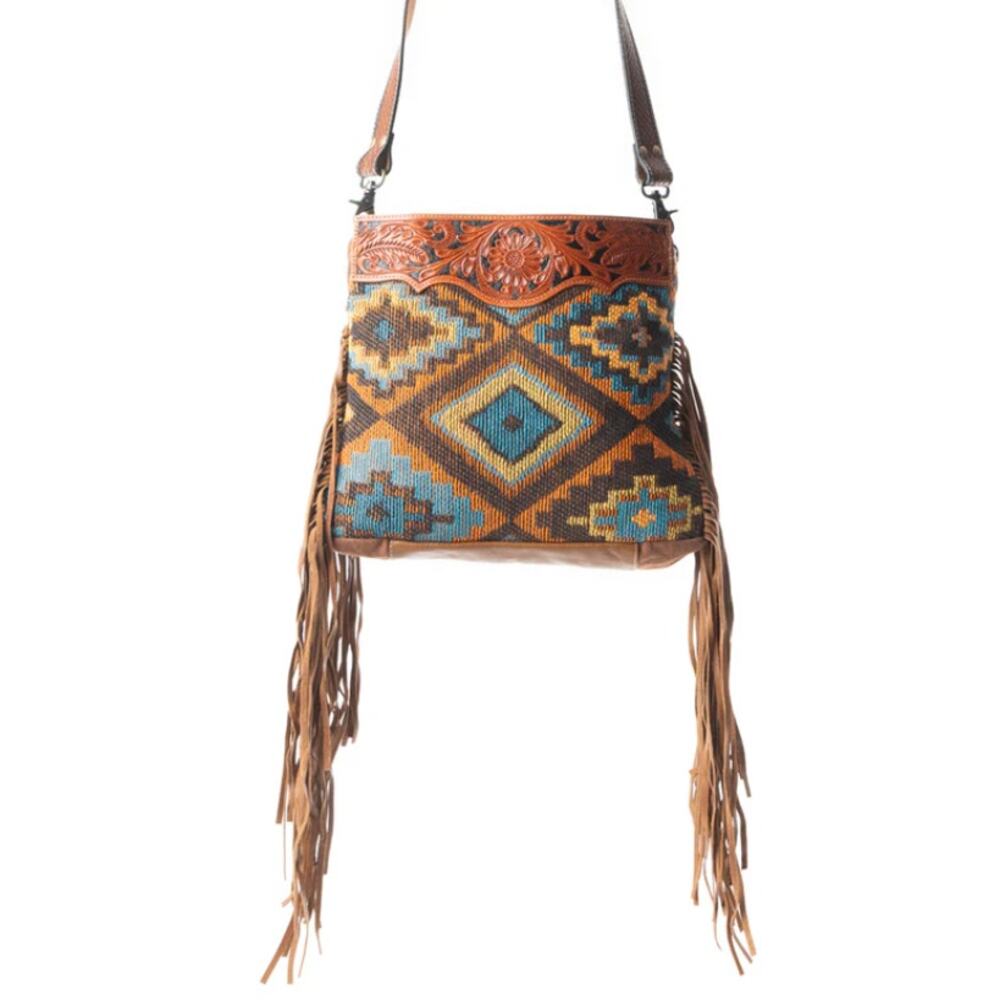 NWT Boutique Boho Garnet waves Hand-Tooled Leather Fringe Bag by Myra